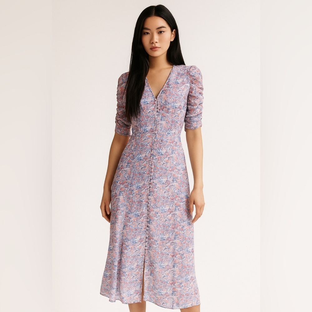 En Saison Lilac Purple V-Neck Floral Midi Dress Cottagecore Feminine Romantic S